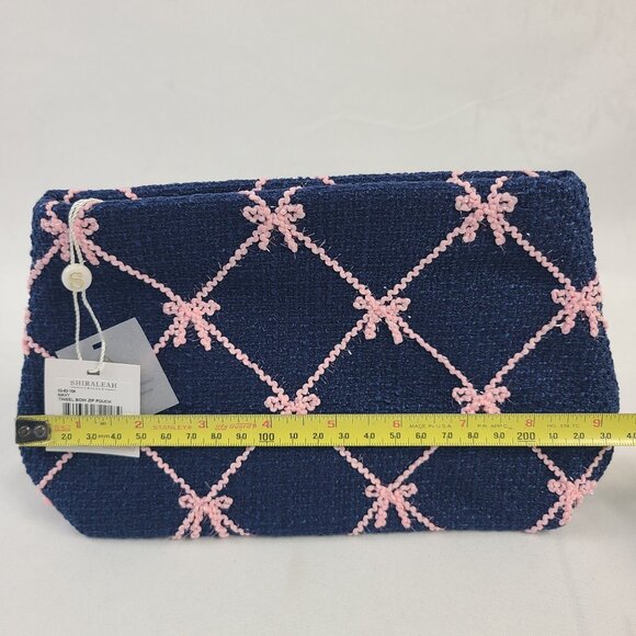 NWT Shiraleah Navy Tinsel Bow Zip Pouch With Pink Embroidered Design Fully Lined - Picture 3 of 6